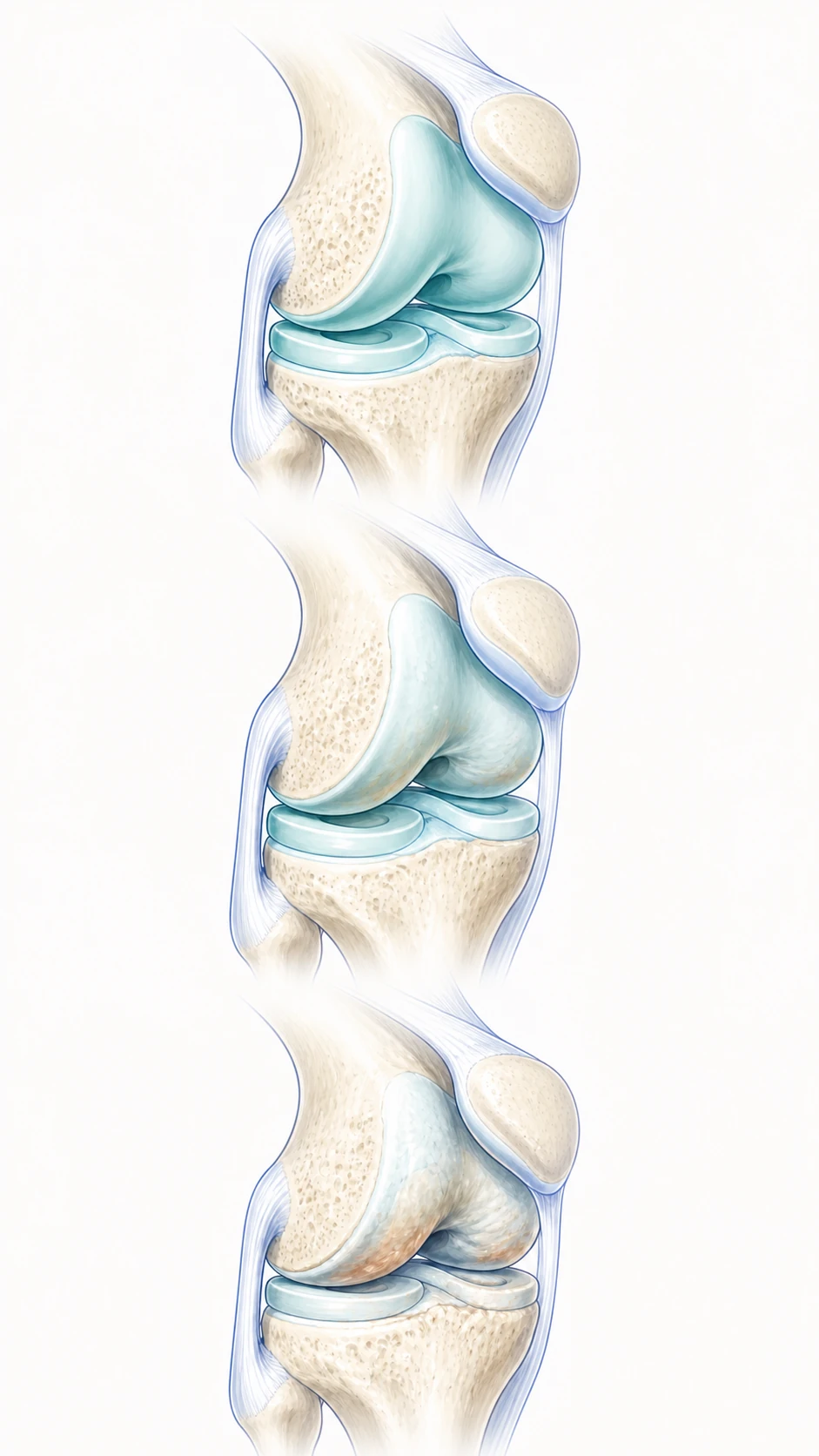 Clinical illustration comparing healthy knee cartilage, focal cartilage damage and widespread cartilage wear