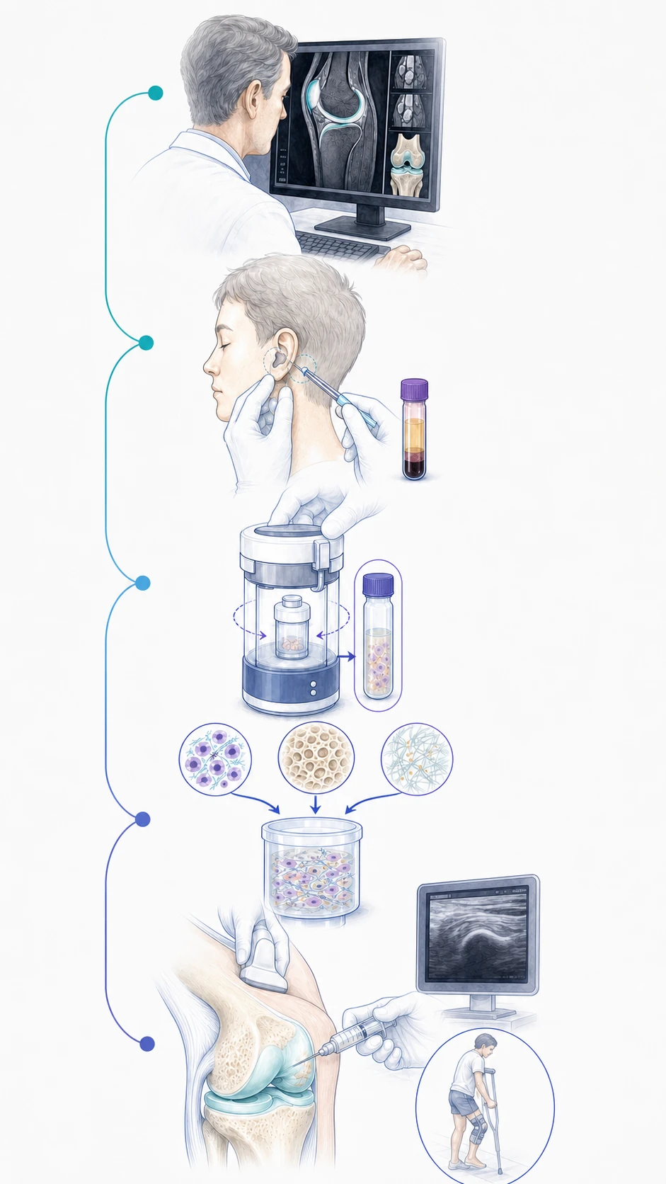 NanoACi assessment, ear cartilage and blood collection, micrograft preparation, component combination, image-guided delivery and protected rehabilitation