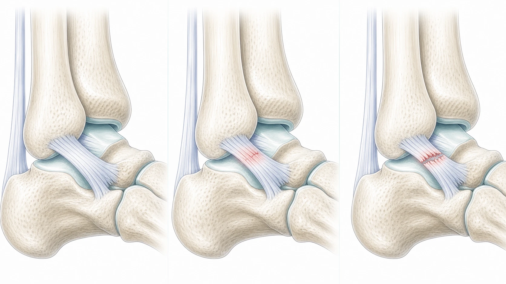 Clinical illustration of a normal lateral ankle ligament, a continuous sprain and a partial tear with useful fibres remaining