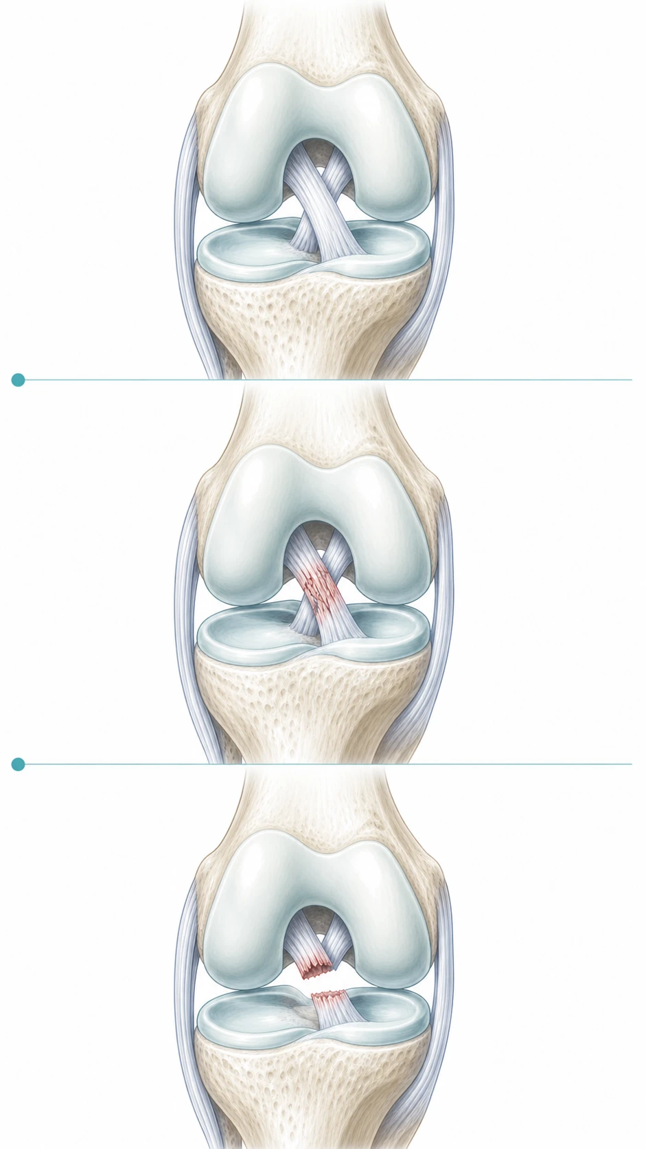 Clinical illustration comparing a normal ACL, a partial ACL tear with useful continuity and a complete ACL rupture