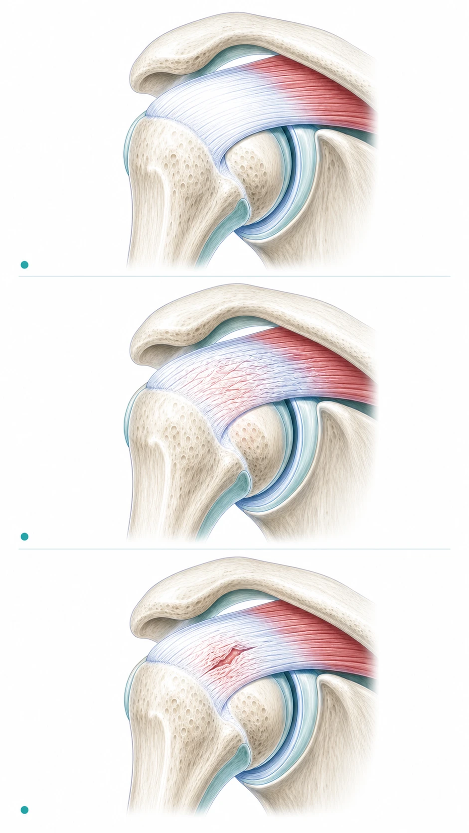Clinical illustration comparing a healthy supraspinatus tendon, rotator-cuff tendinopathy and a continuous partial-thickness tear